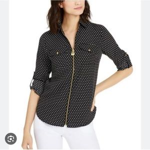 Michael Kors Full-Zip Blouse Polka Dot Shirt Black White